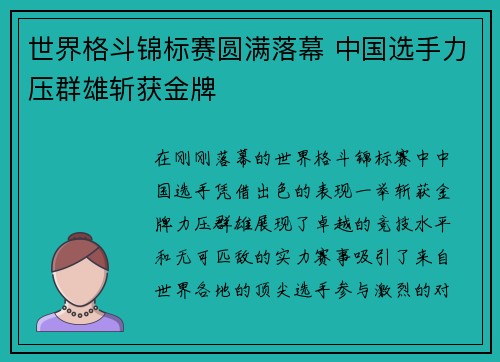 世界格斗锦标赛圆满落幕 中国选手力压群雄斩获金牌