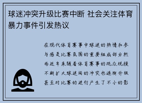 球迷冲突升级比赛中断 社会关注体育暴力事件引发热议
